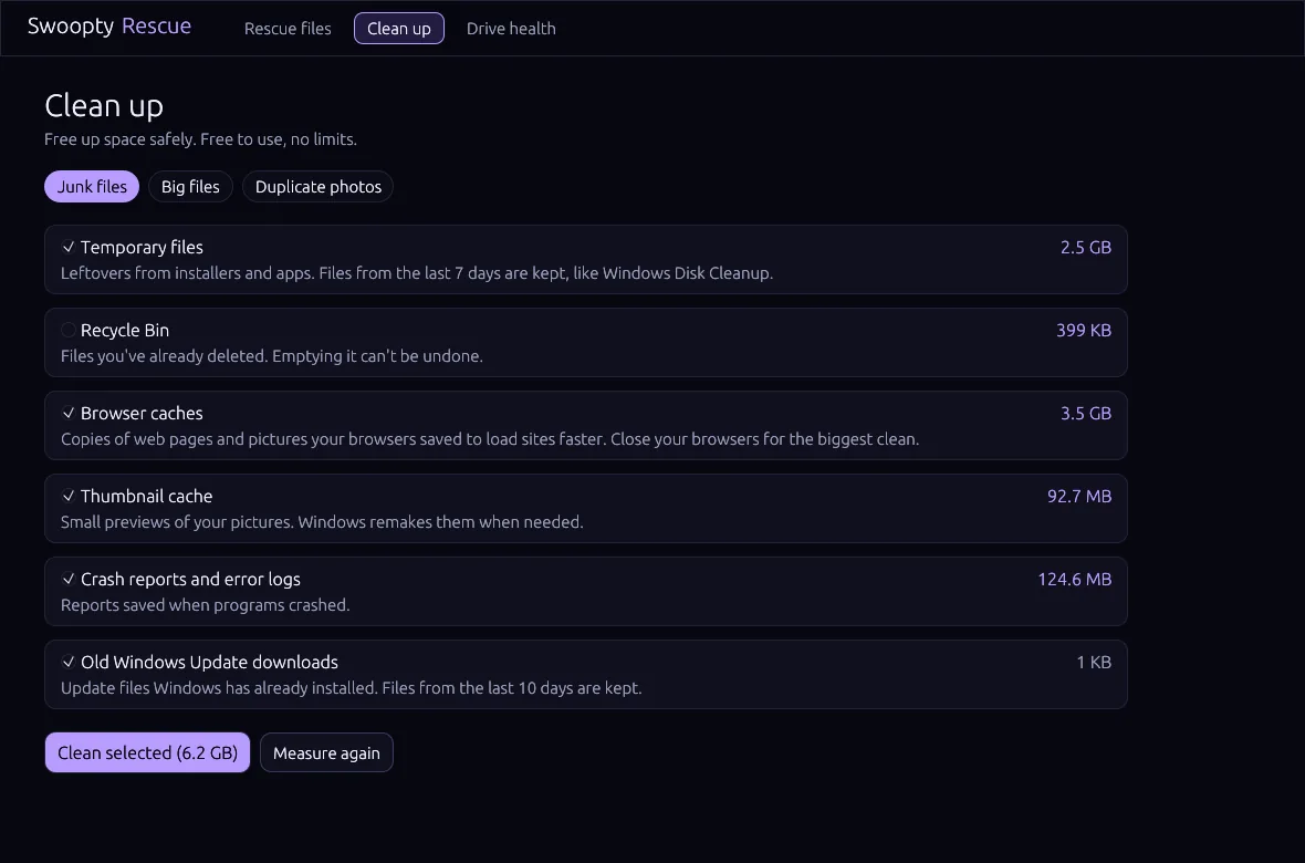 The Clean up tab measuring temporary files, browser caches and other junk