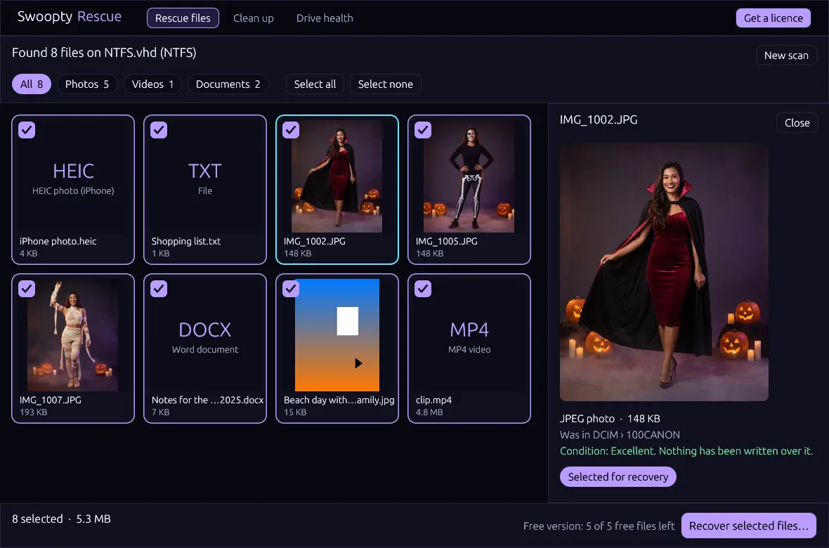 Swoopty Rescue showing deleted photos and documents it found, with their original names and folders